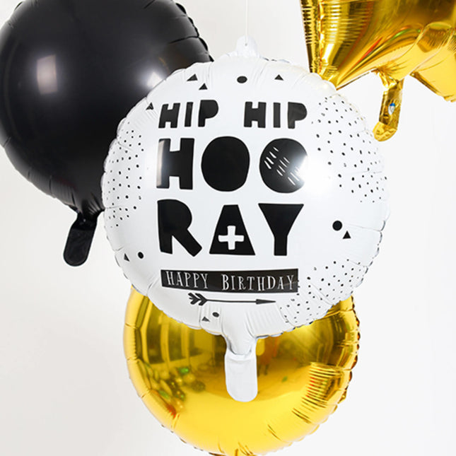 Helium Ballon Hip Hip Hooray Zwart Wit Leeg 45cm