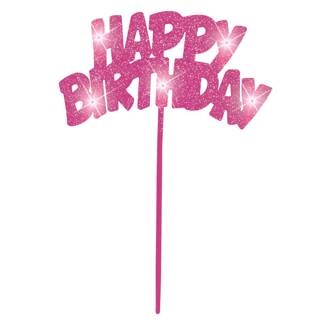 Taarttopper Happy Birthday Roze Verlichting 26cm