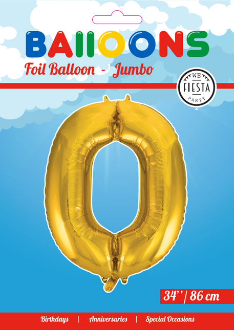 Folie Ballon Cijfer 0 Goud XL 86cm leeg