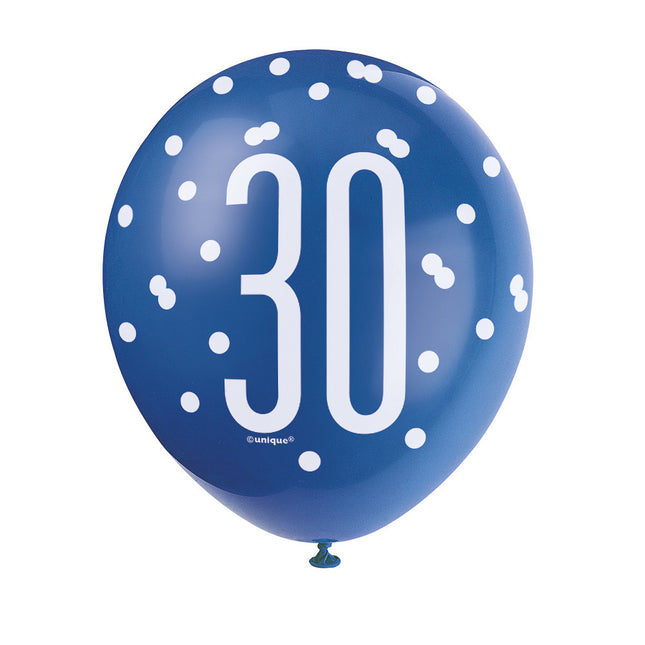 Ballonnen 30 Jaar Stippen Blauw 30cm 6st