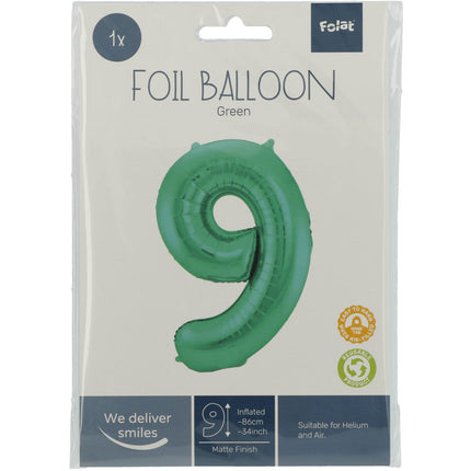 Folie Ballon Cijfer 9 Mat Groen XL 86cm leeg