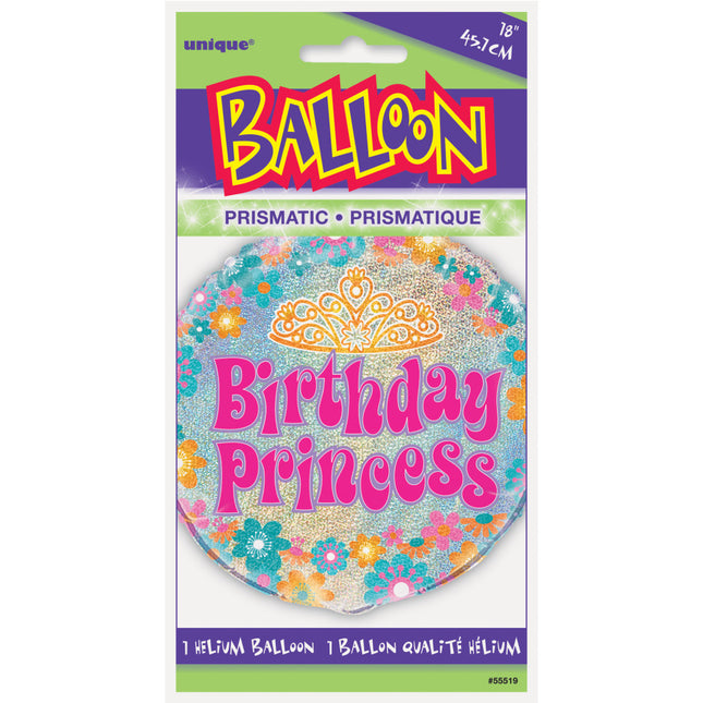 Helium Ballon Birthday Princess Glitters 45cm leeg