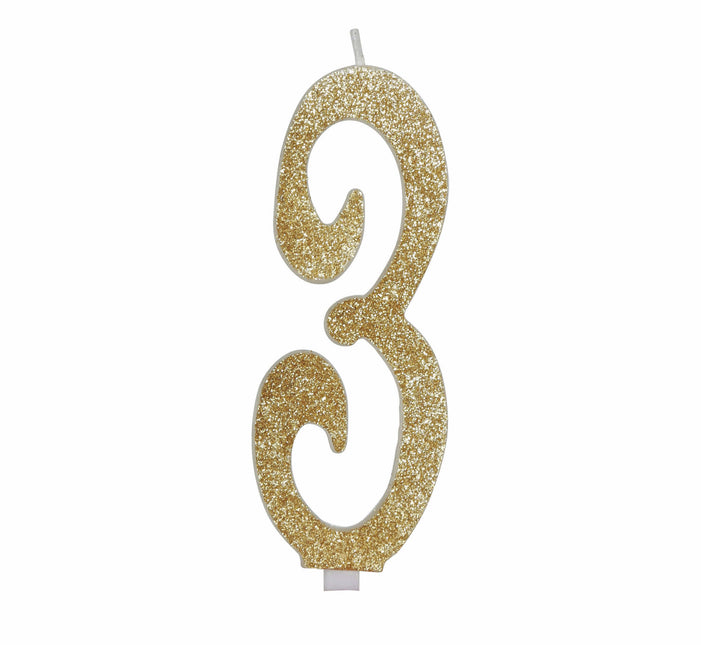 Gouden Kaars 3 Jaar Glitter 12,5cm