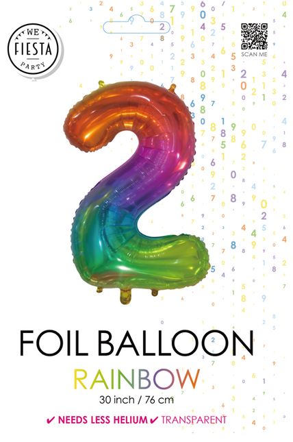 Folieballon Cijfer 2 Regenboog Transparant 66cm