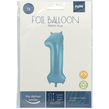 Folie Ballon Cijfer 1 Pastel Blauw XL 86cm leeg