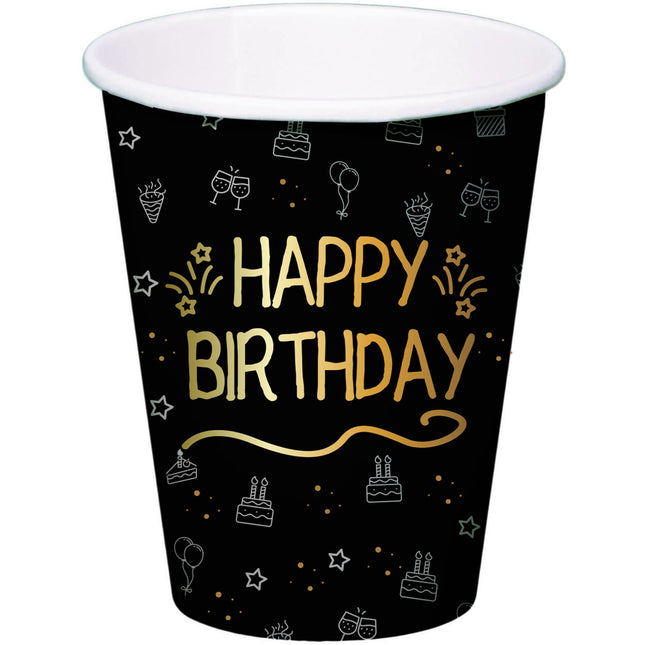 Happy Birthday Bekers Zwart Papier 250ml 8st