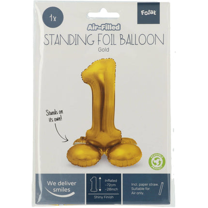 Folie Ballon Cijfer 1 Goud met standaard 72cm