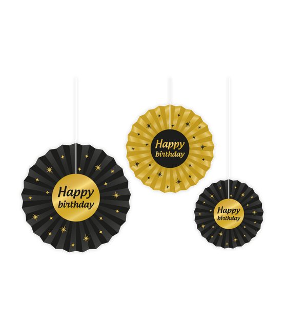 Papieren Waaiers Happy Birthday Set 20-40cm 3-delig