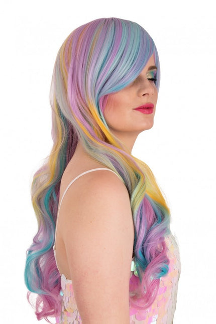 Pruik Selena Lang Met Krullen Pastel Regenboog Met Schuine Pony