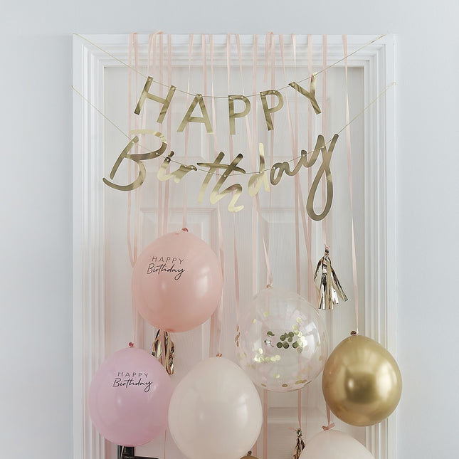 Perzikkleur Happy Birthday Decoratie Set 9 delig