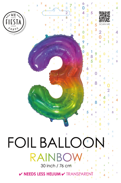 Folieballon Cijfer 3 Regenboog Transparant 66cm