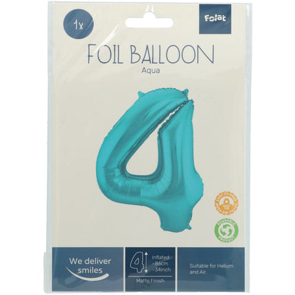 Folie Ballon Cijfer 4 Pastel Mintgroen XL 86cm leeg