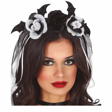 Halloween Haarband Zwart Witte Bloemen En Sluier