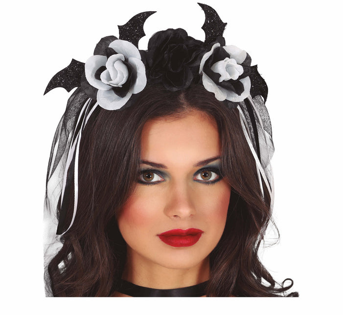 Halloween Haarband Zwart Witte Bloemen En Sluier