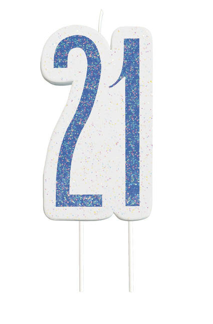 Kaars 21 Jaar Glitter Blauw 8,5cm