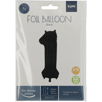 Folie Ballon Cijfer 1 Mat Zwart XL 86cm leeg