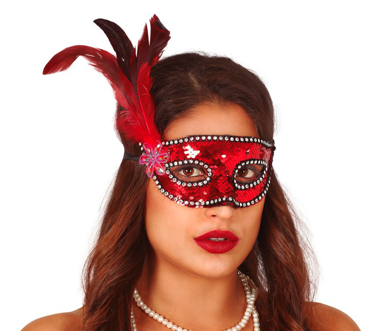 Rood Masker Veren Pailletten