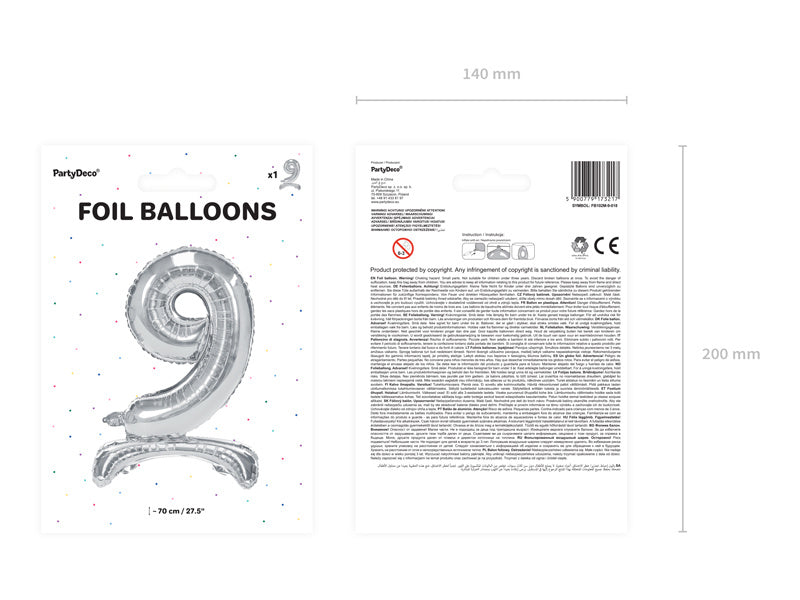 Folie Ballon Cijfer 9 Zilver Standaard Leeg 70cm