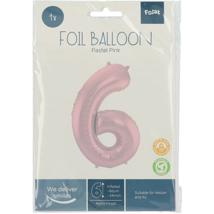 Folie Ballon Cijfer 6 Pastel Roze XL 86cm leeg