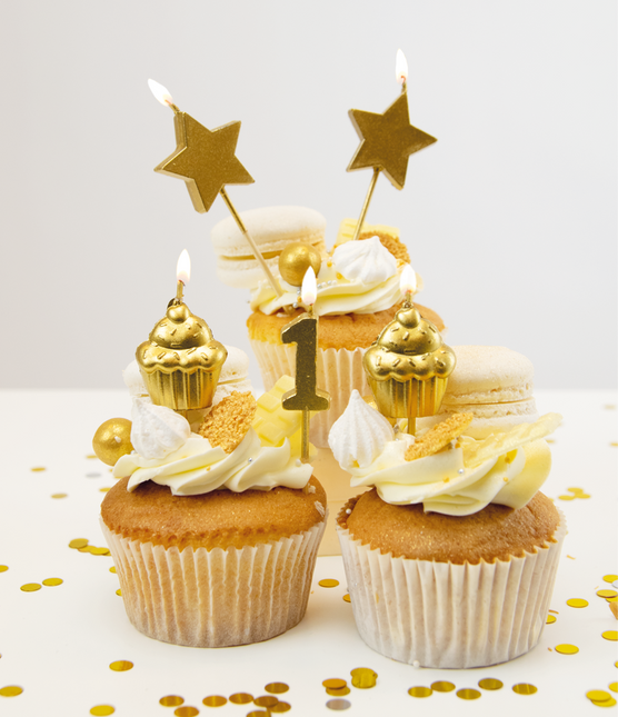 Kaarsjes 1 Jaar Cupcake Goud 17,5cm