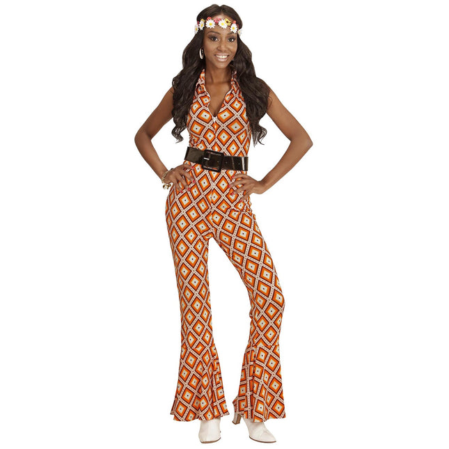 Disco 70S Jumpsuit Oranje Dames Geruit