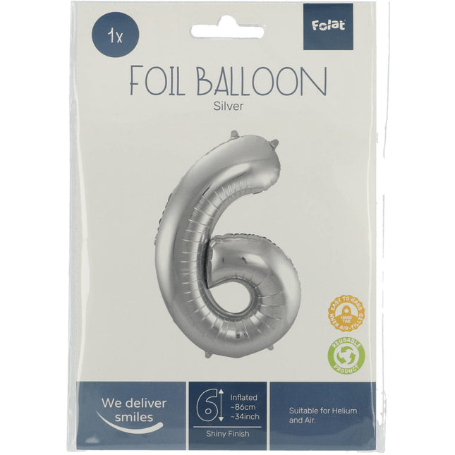 Folie Ballon Cijfer 6 Zilver Metallic XL 86cm leeg