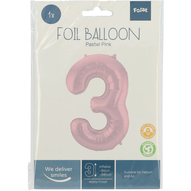 Folie Ballon Cijfer 3 Pastel Roze XL 86cm leeg