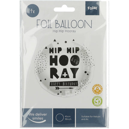 Helium Ballon Hip Hip Hooray Zwart Wit Leeg 45cm