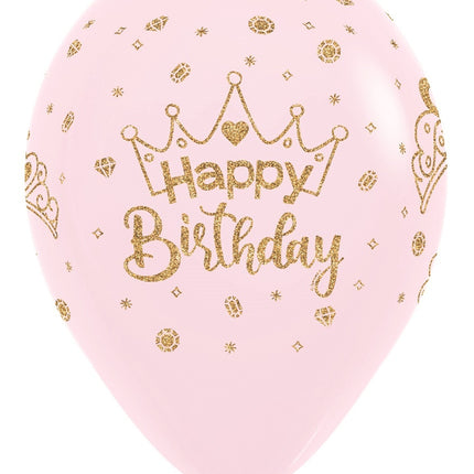 Ballonnen Happy Birthday Crowns Glitter Ink Pastel Matte Pink 30cm 25st