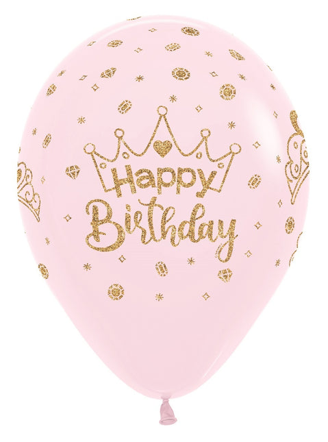 Ballonnen Happy Birthday Crowns Glitter Ink Pastel Matte Pink 30cm 25st