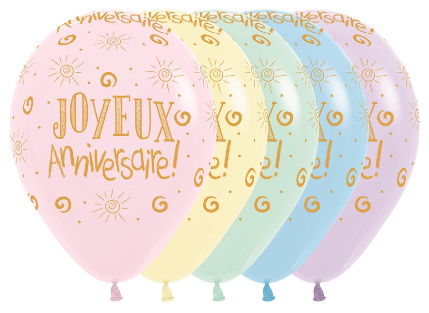 Ballonnen Joyeux Anniversaire Pastel Matte Mix 30cm 25st