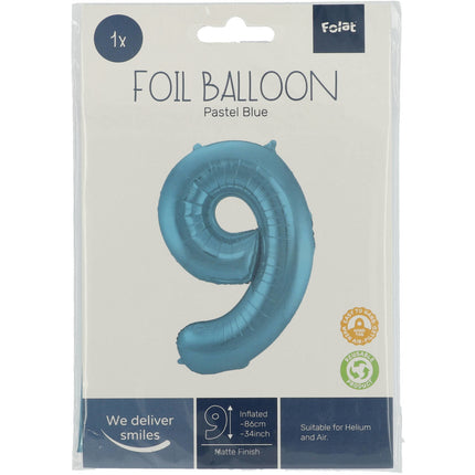 Folie Ballon Cijfer 9 Pastel Blauw XL 86cm leeg