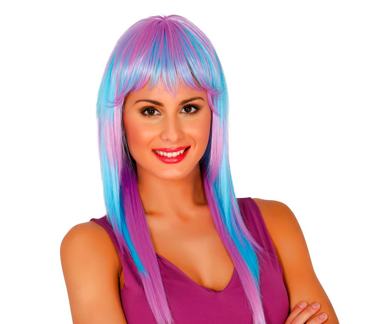 Pruik Lang Haar Blauw Roze