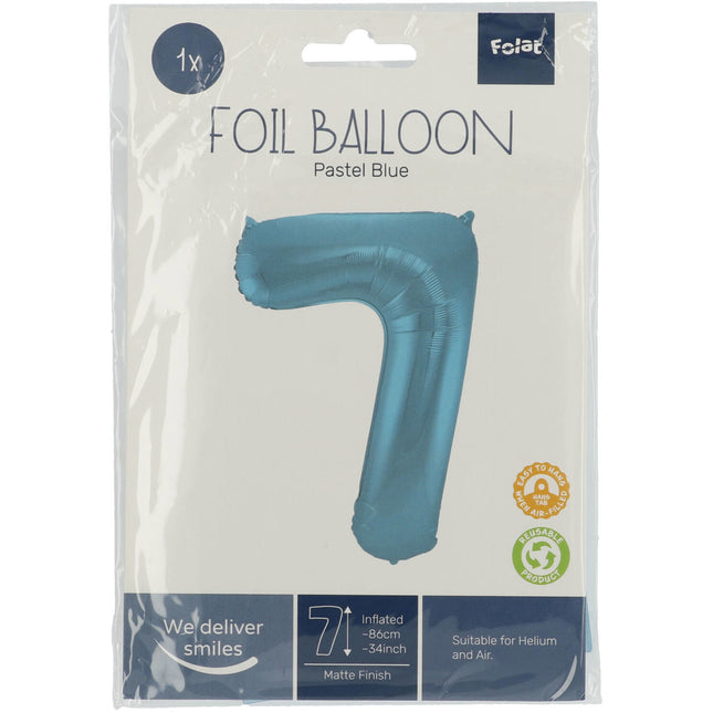 Folie Ballon Cijfer 7 Pastel Blauw XL 86cm leeg