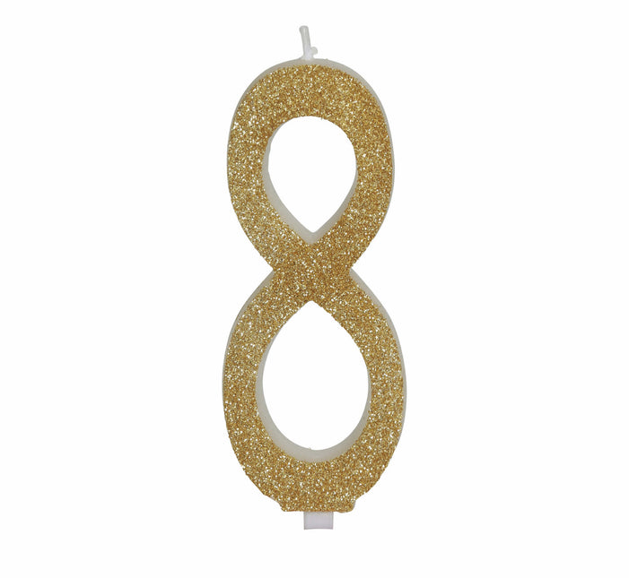 Gouden Kaars 8 Jaar Glitter 12,5cm