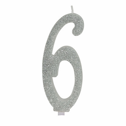 Zilveren Kaars 6 Jaar Glitter 12,5cm