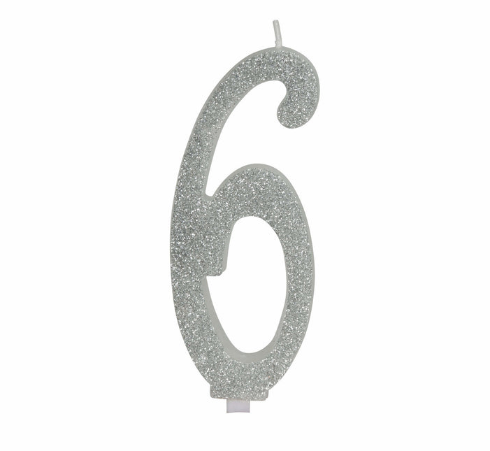 Zilveren Kaars 6 Jaar Glitter 12,5cm