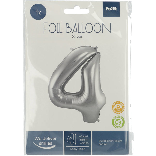 Folie Ballon Cijfer 4 Zilver Metallic XL 86cm leeg