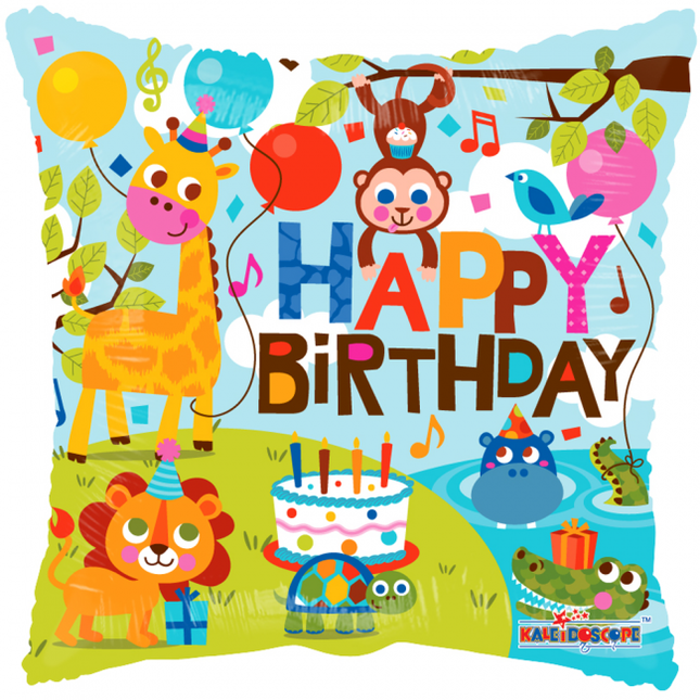 Helium Ballon Vierkant Happy Birthday Jungle 45cm leeg