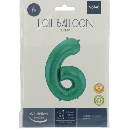 Folie Ballon Cijfer 6 Mat Groen XL 86cm leeg