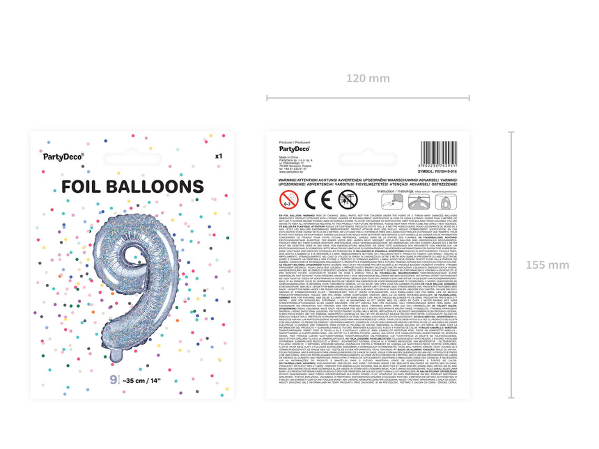 Folie Ballon Cijfer 9 Holografisch 35cm