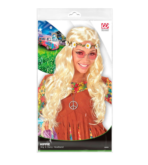 Hippie 60S Pruik Blond Met Bloemen Haarband