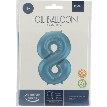 Folie Ballon Cijfer 8 Pastel Blauw XL 86cm leeg