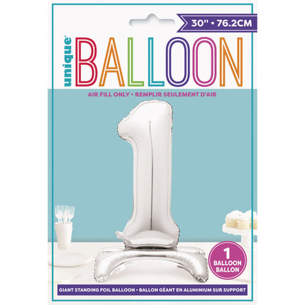 Folie Ballon Cijfer 1 Zilver Standaard 76cm