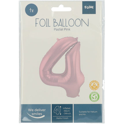 Folie Ballon Cijfer 4 Pastel Roze XL 86cm leeg