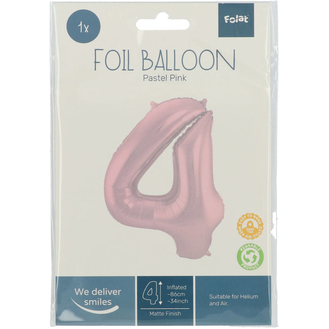 Folie Ballon Cijfer 4 Pastel Roze XL 86cm leeg