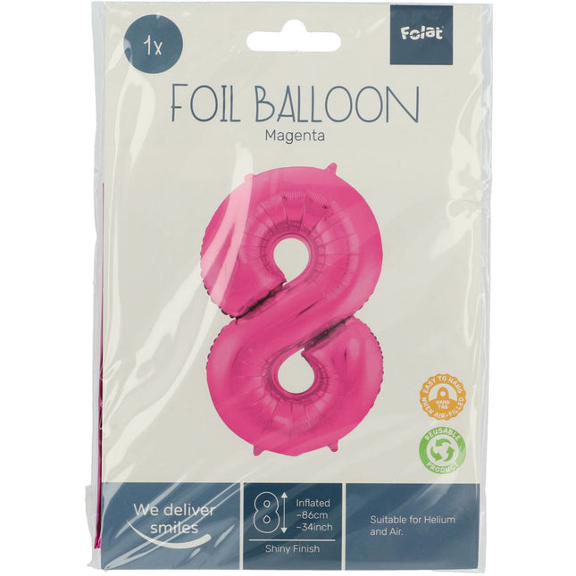 Folie Ballon Cijfer 8 Fuchsia Metallic XL 86cm leeg