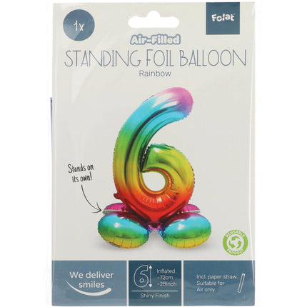 Folie Ballon Cijfer 6 Regenboog met standaard 72cm