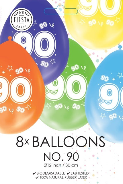 Gekleurde Ballonnen 90 Jaar 30cm 8st