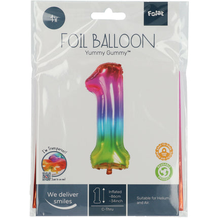 Folie Ballon Cijfer 1 Regenboog XL 81cm leeg